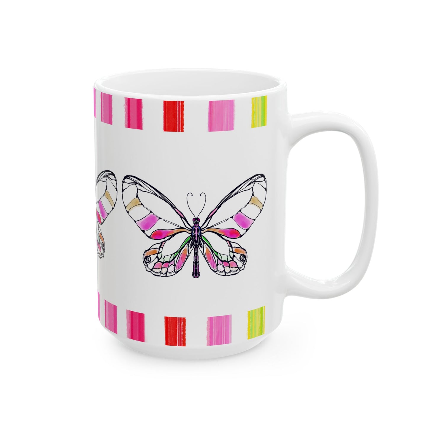 Butterfly Rainbow Stripe Ceramic Mug in Pink with Multi-color Striped Border, (Available in 2 sizes 11oz and 15oz)