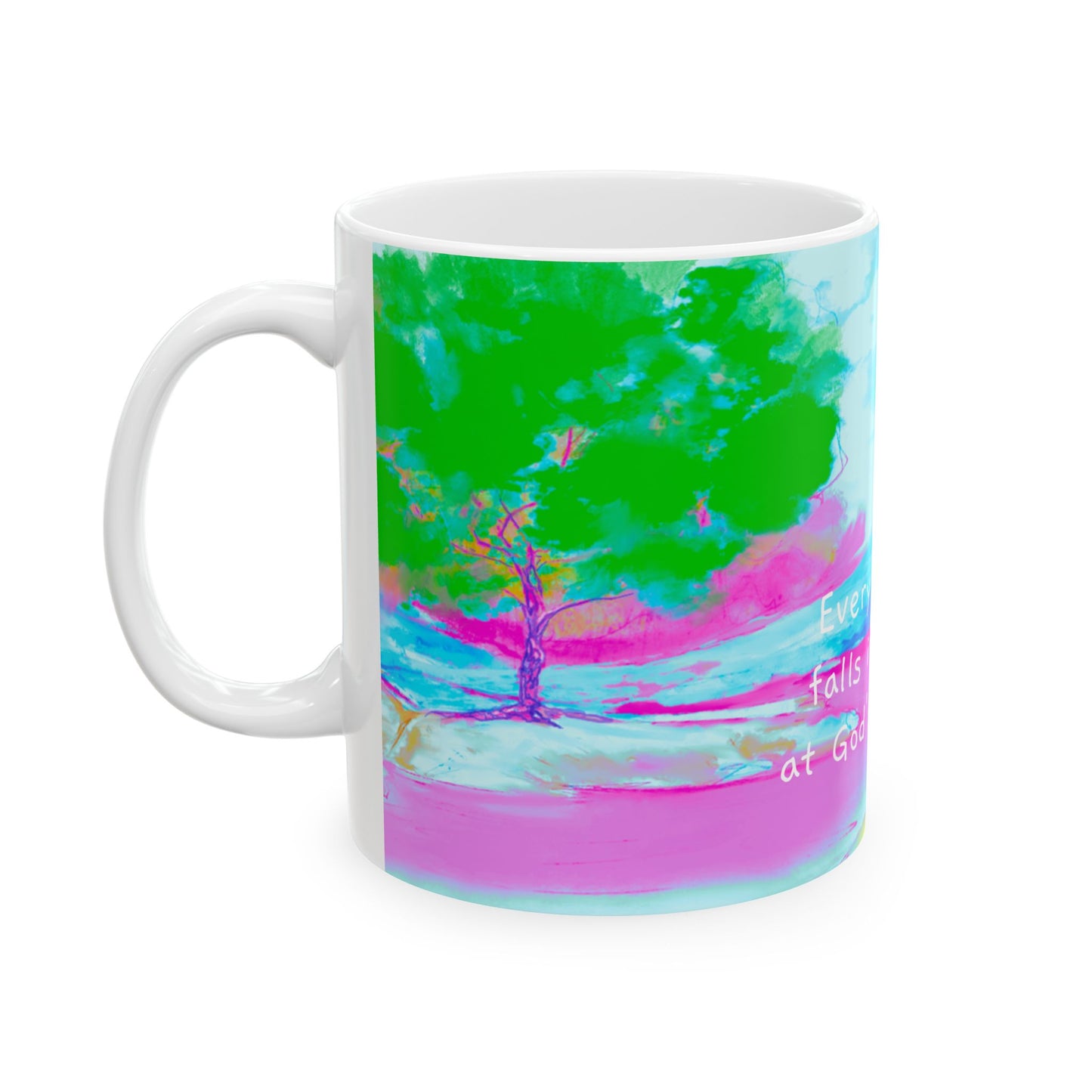 Inspirational Landscapes Ceramic Mug in Green, Blue and Pink , "Every raindrop falls into a life at God's command" 11oz