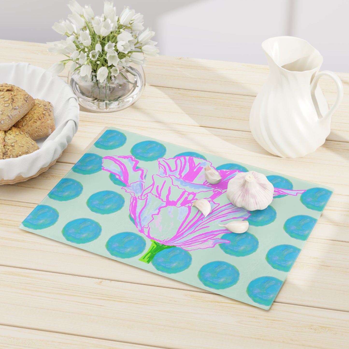 Dancing Tulips Cutting Board, Aqua Polka Dots