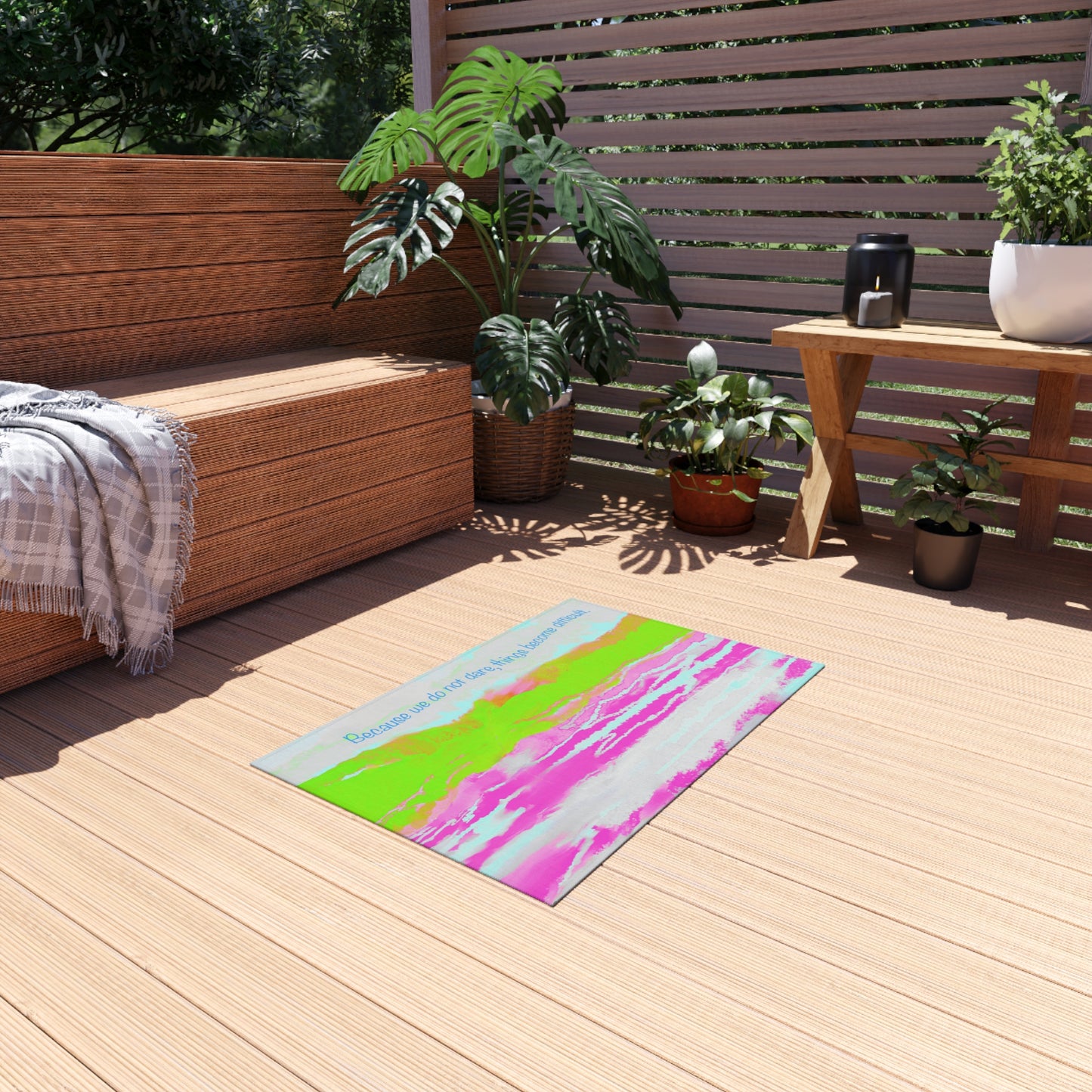Inspirational Landscapes Indoor/Outdoor Rug "Because We Do Not Dare, Life Becomes Difficult" Green and Raspberry