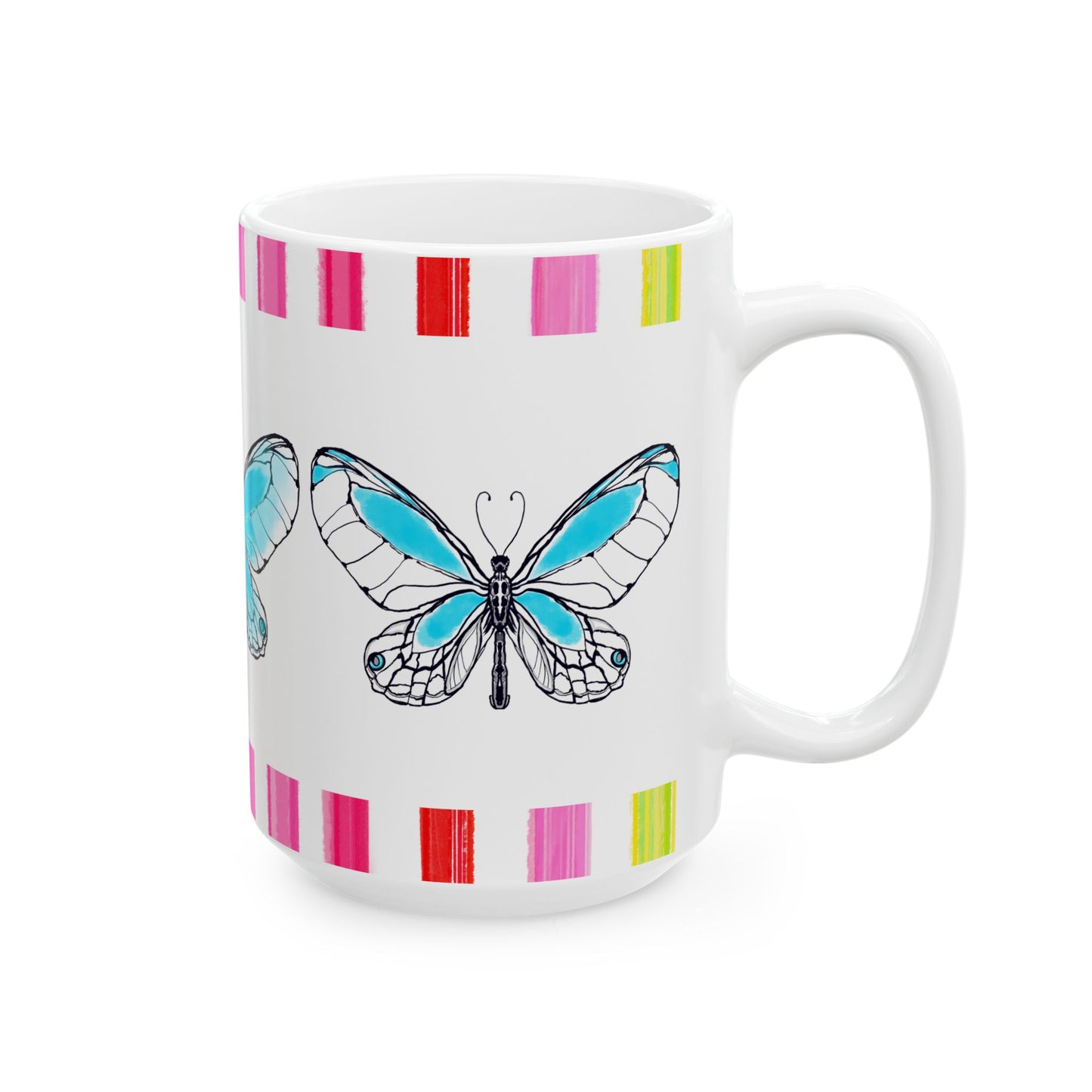Butterfly Rainbow Stripe Ceramic Mug in Aqua with Multi-color Striped Border, (Available in 2 sizes 11oz and 15oz)