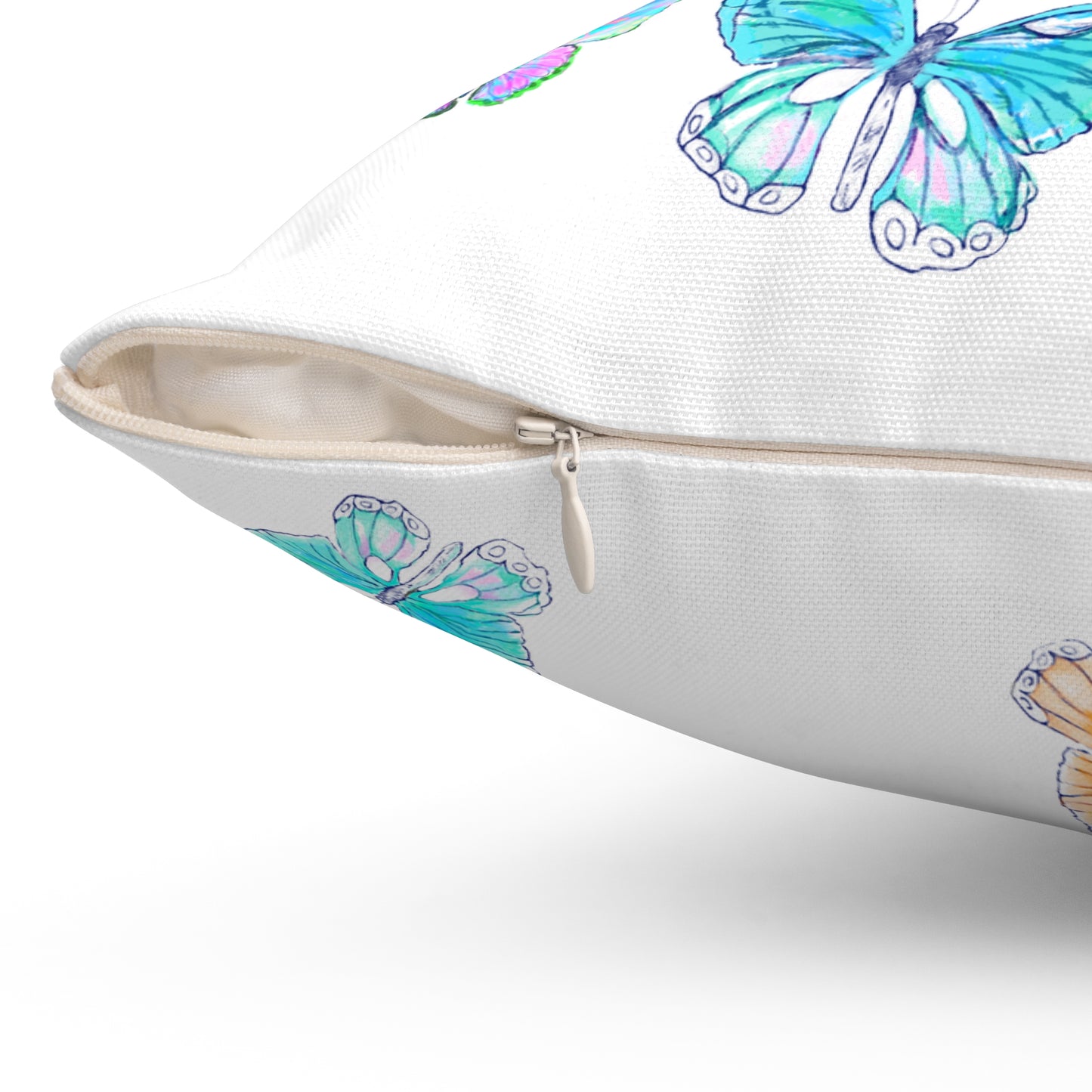 Dancing Tulips Butterflies Spun Polyester Square Pillow. Multi-Color Butterflies, Pink Tulip