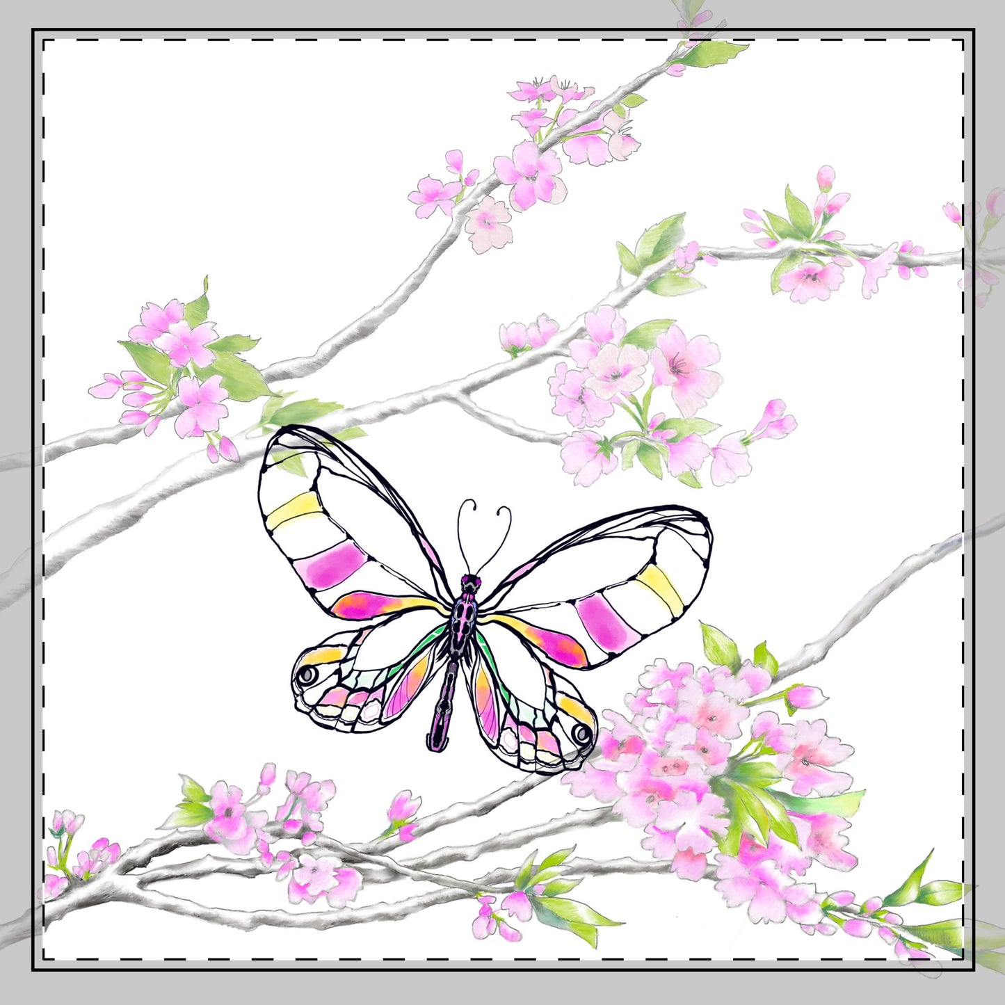 Butterfly Blossom Romp Cotton Twill Napkin , pink, Fabric Background Creamy White, #4
