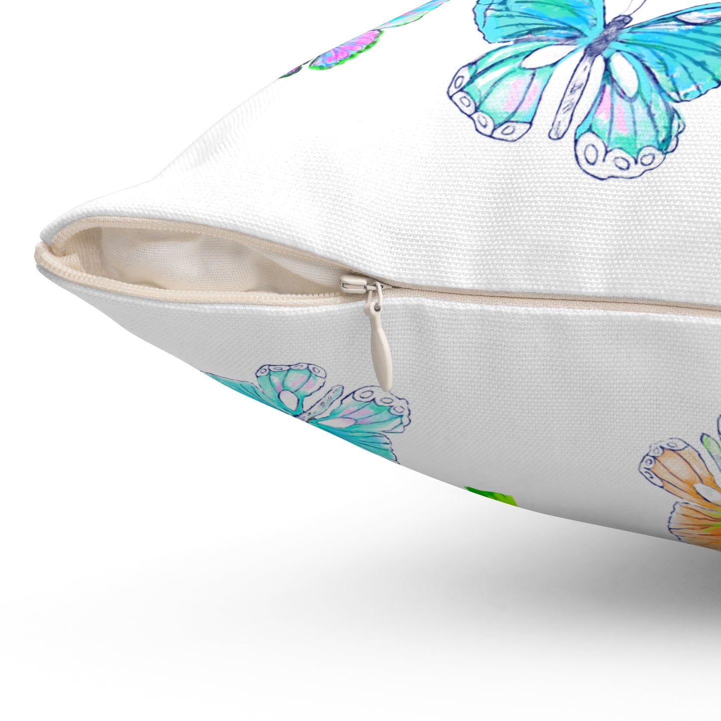 Dancing Tulips Butterflies Spun Polyester Square Pillow. Multi-Color Butterflies, Yellow Tulip