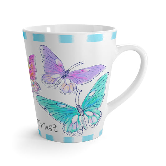 Butterfly Swing Latte Mug Aqua, Pink, Orange, Yellow Butterflies, Aqua Stripe “Dare to Trust”