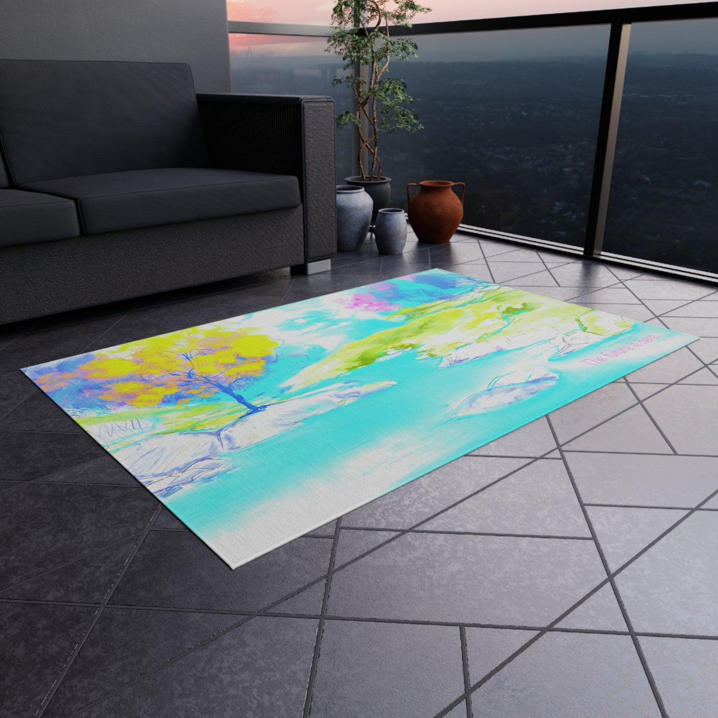 Inspirational Landscapes Indoor/Outdoor Area Rug,"The future is here", Blue, Aqua, and Yellow
