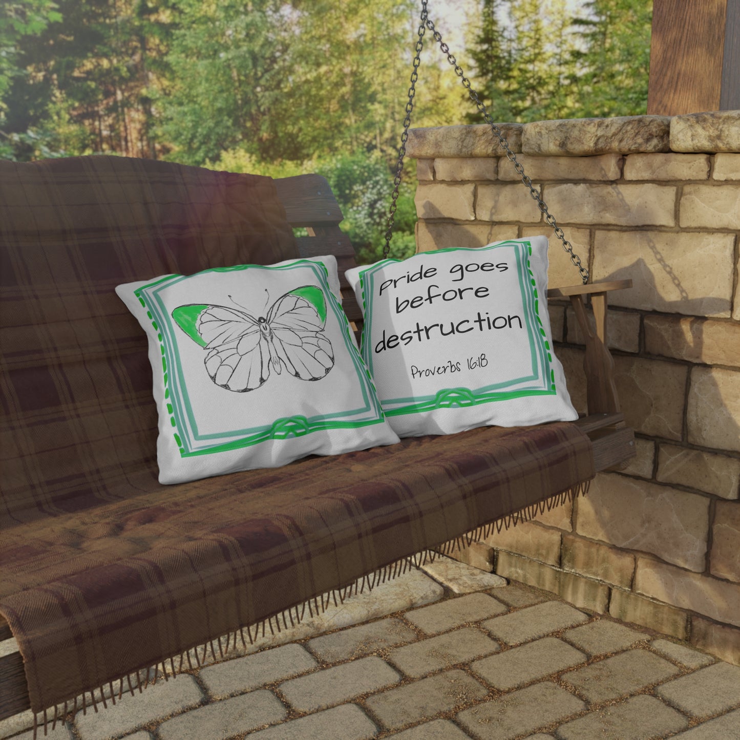 Chroma Outdoor Pillow Green "Pride goes before destruction"