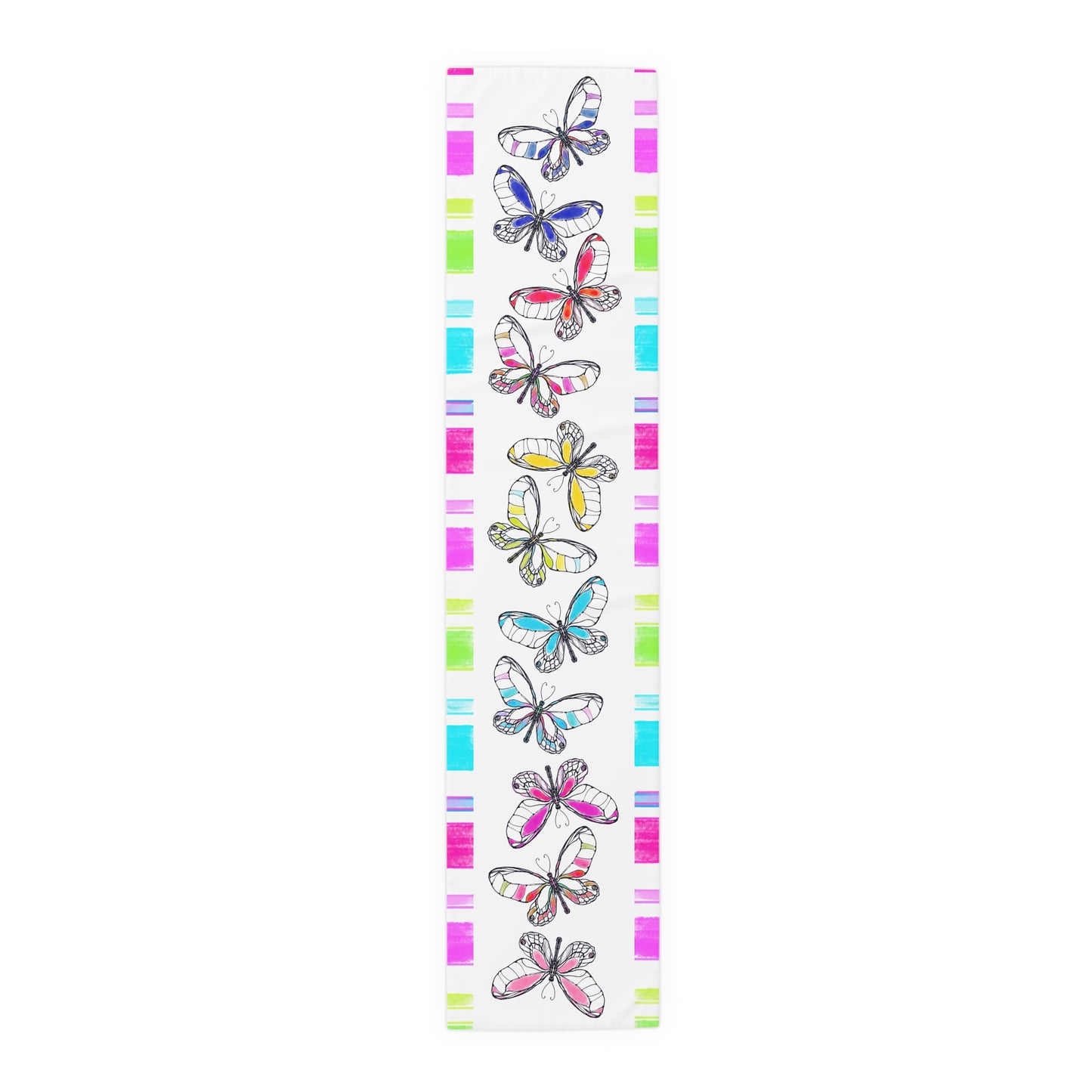 Butterfly Flutterstripe Table Runner in Multi-color With Pink, Blue, Green Border 1 size ( 16" × 72")  (available in Cotton (Creamier) & Polyester (Whiter)