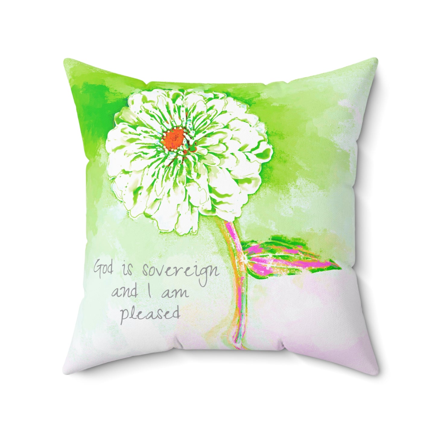 Zinnia Quiet Reflection Spun Polyester Square Pillow in Green, "God is sovereign and I am pleased"