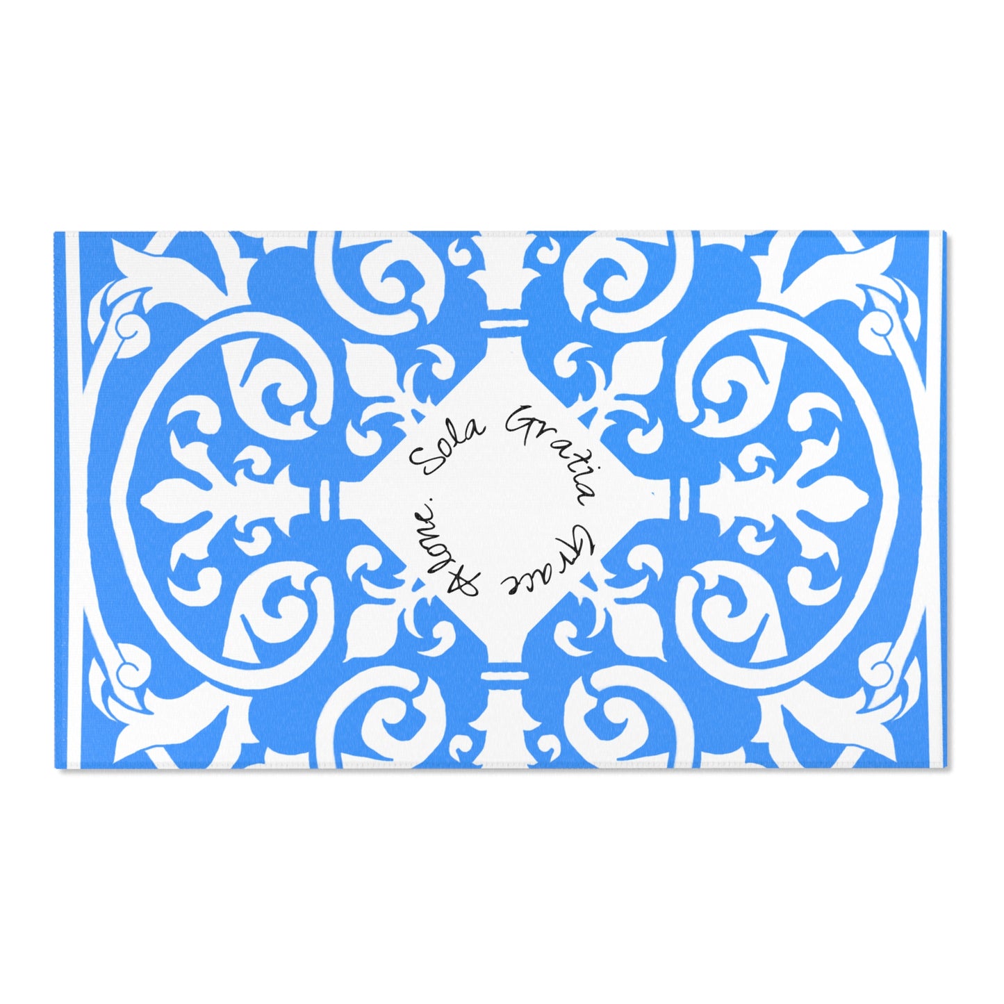 Scrollwork Indoor/Outdoor Rug Blue "Sola Gratia..."