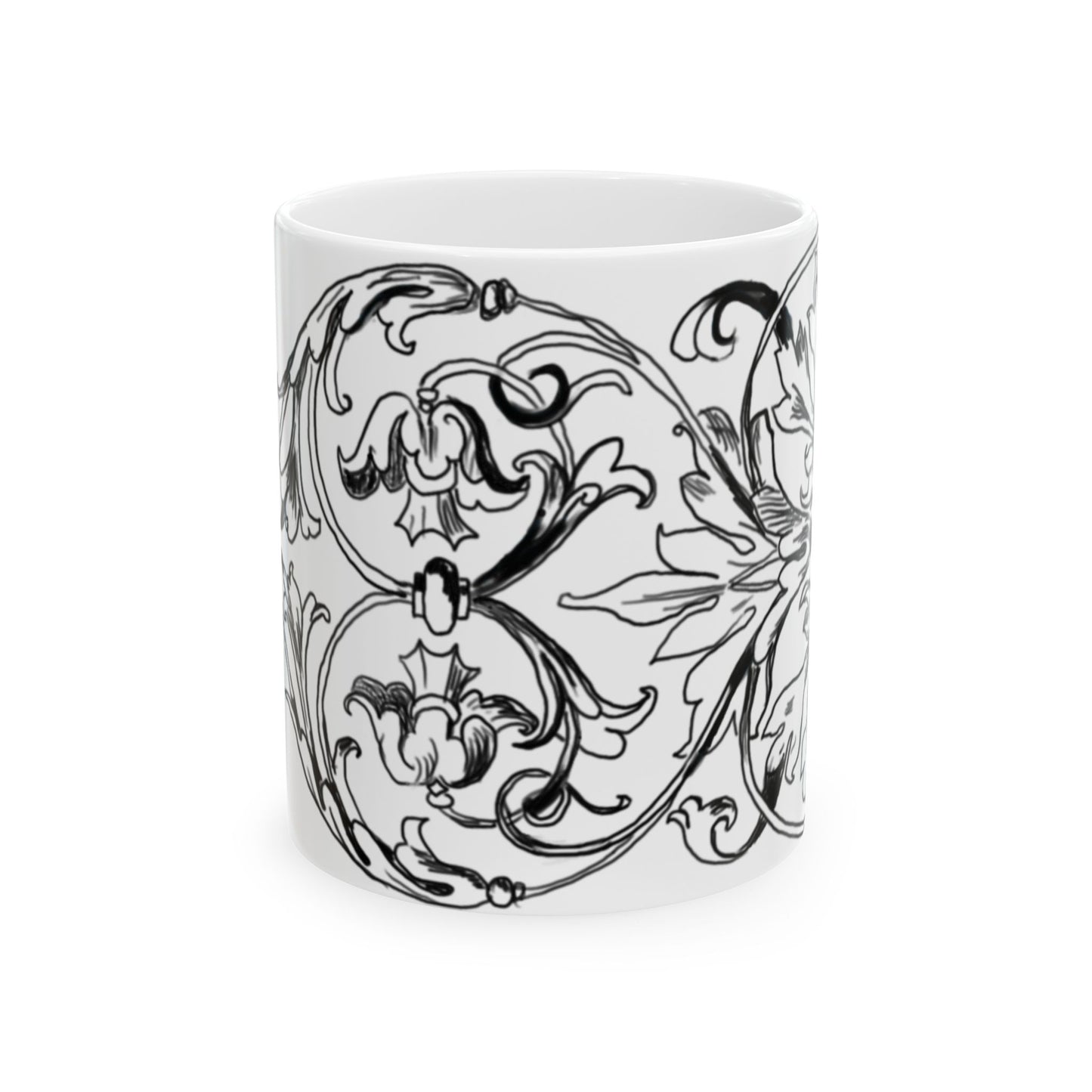 Scrollwork Ceramic Mug Black and White, "I shall see dawning..."