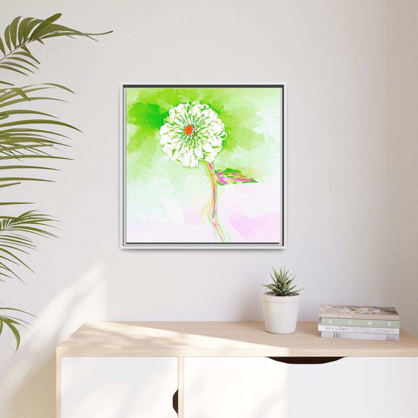 Zinnia Color Splash Matte Canvas Yellow Green Framed