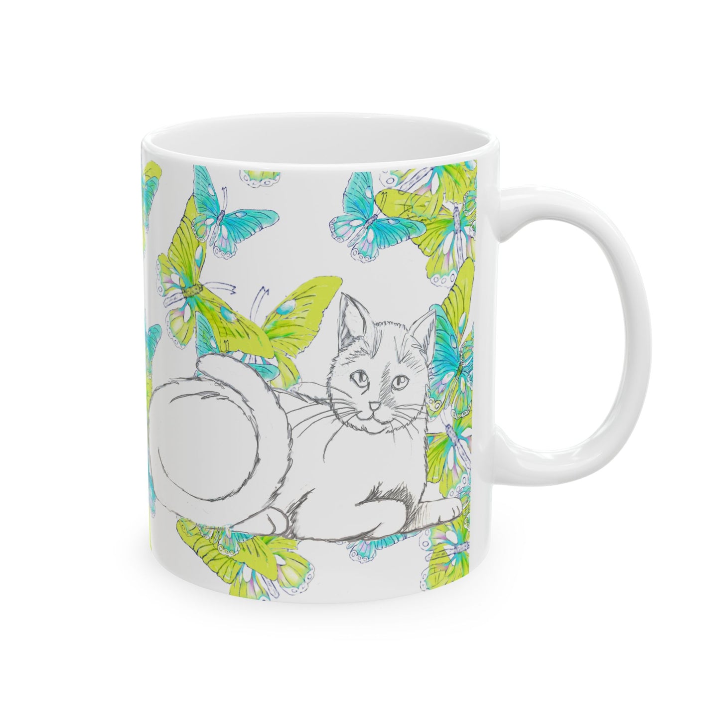 Kitty Flutter Ceramic Mug, Aqua/Lime, (11oz, 15oz)
