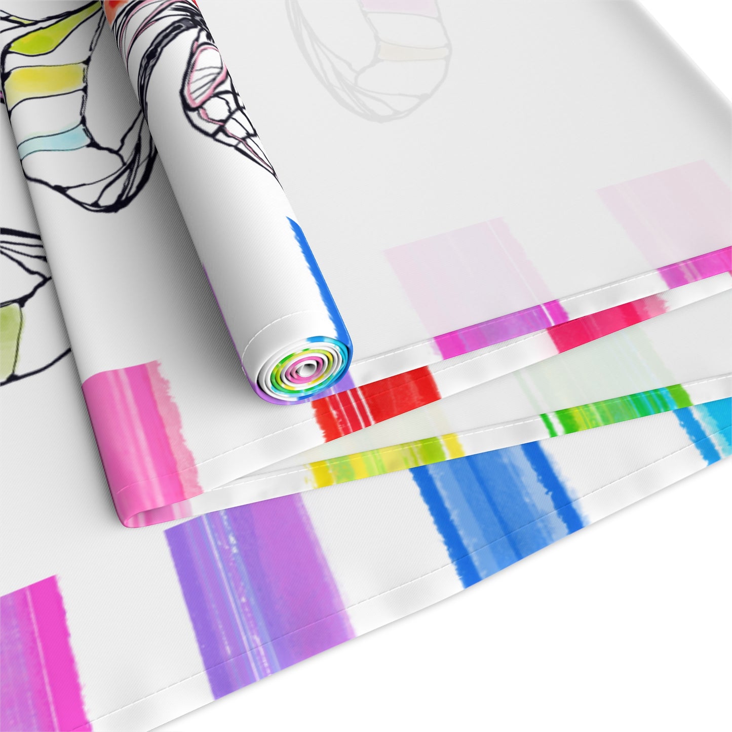 Butterfly Flutterstripe Table Runner in Multi-color with Checked Border 1 size ( 16" Γ 72") available in Cotton "creamier" & Polyester "whiter"