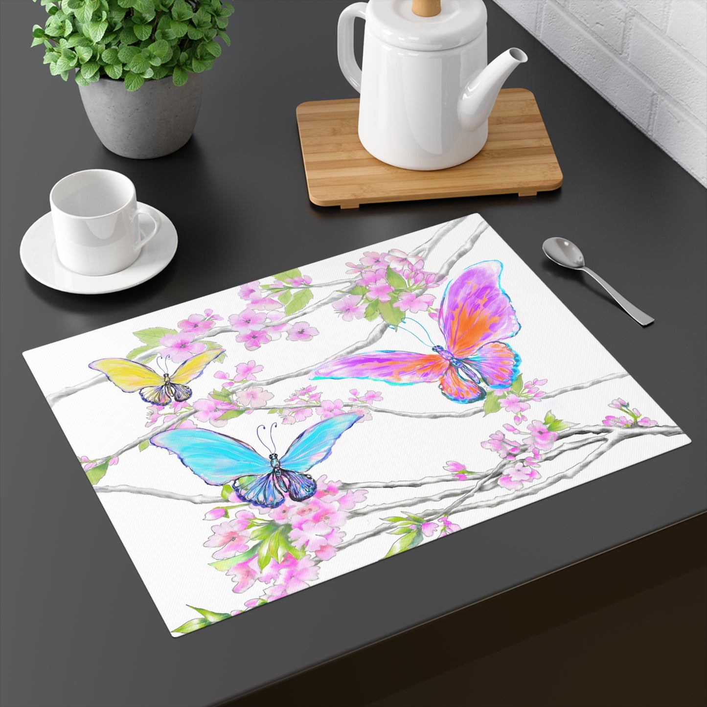 Butterfly Blossom Whirl Cotton Placemat, 1pc Pink , Background Color Creamier White,#6