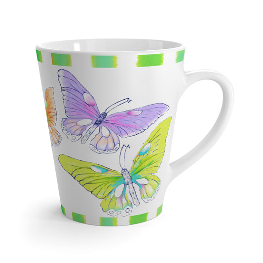 Butterfly Swing Latte Mug, Aqua, Lilac ,Orange, Yellow, Pink Butterflies, Green Stripe