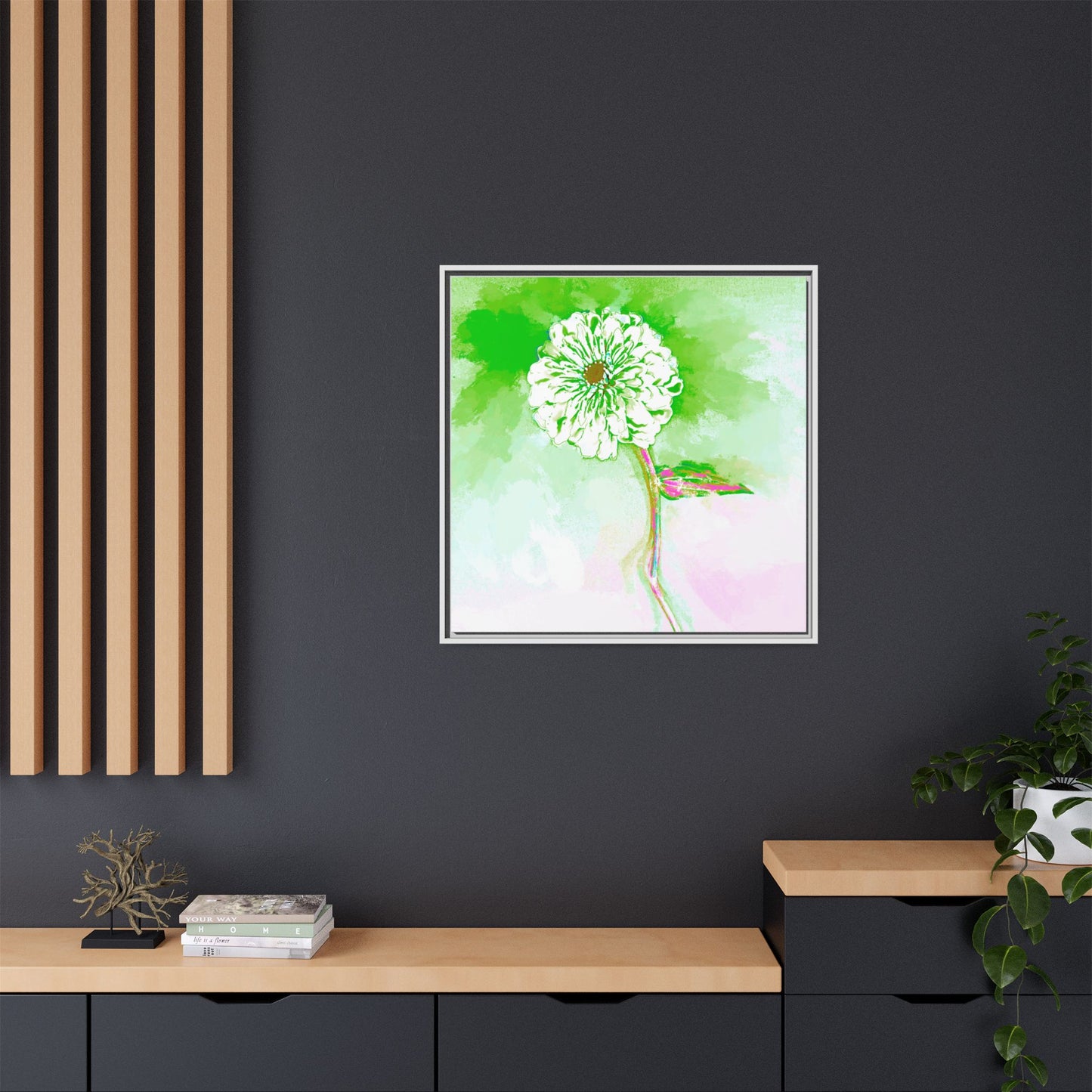 Zinnia Color Splash Matte Canvas Grass Green Framed