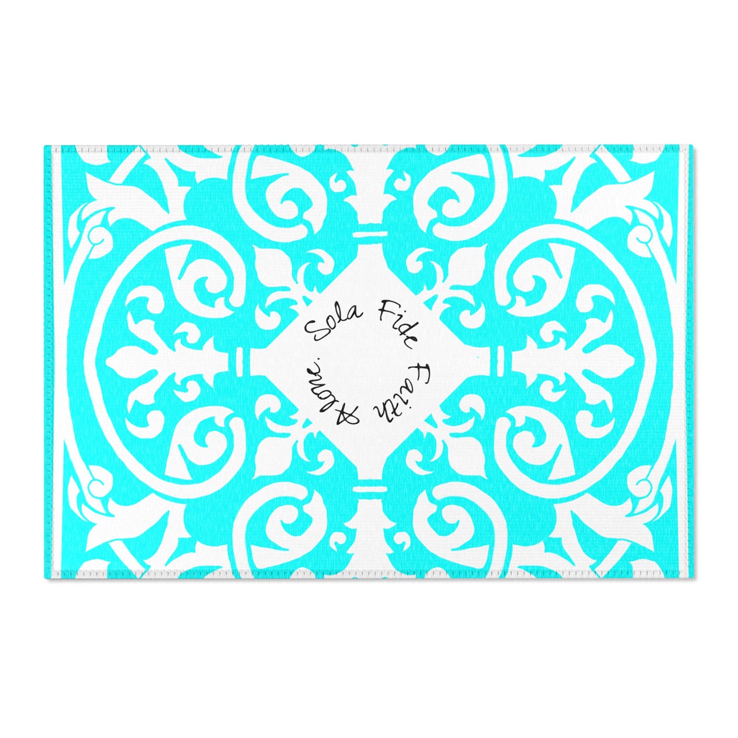 Scrollwork Indoor/Outdoor Rug Aqua "Sola Fide..."