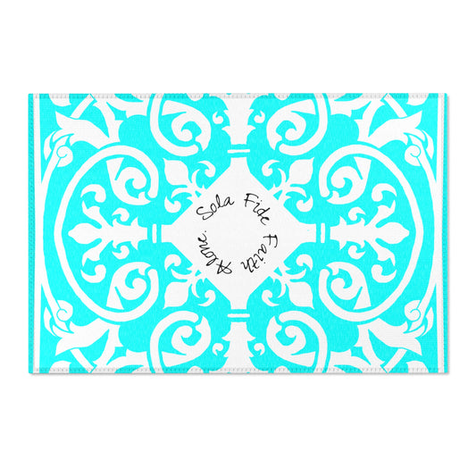 Scrollwork Indoor/Outdoor Rug Aqua "Sola Fide..."