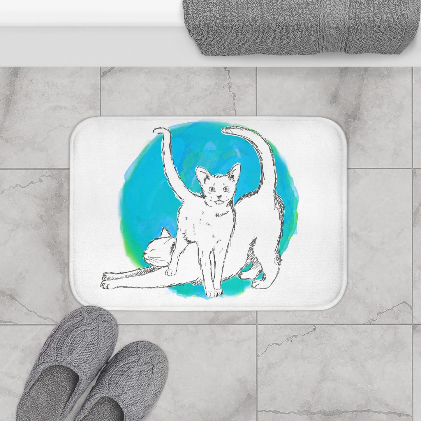 Bath Mats Aqua Polka Dot Cat Fun