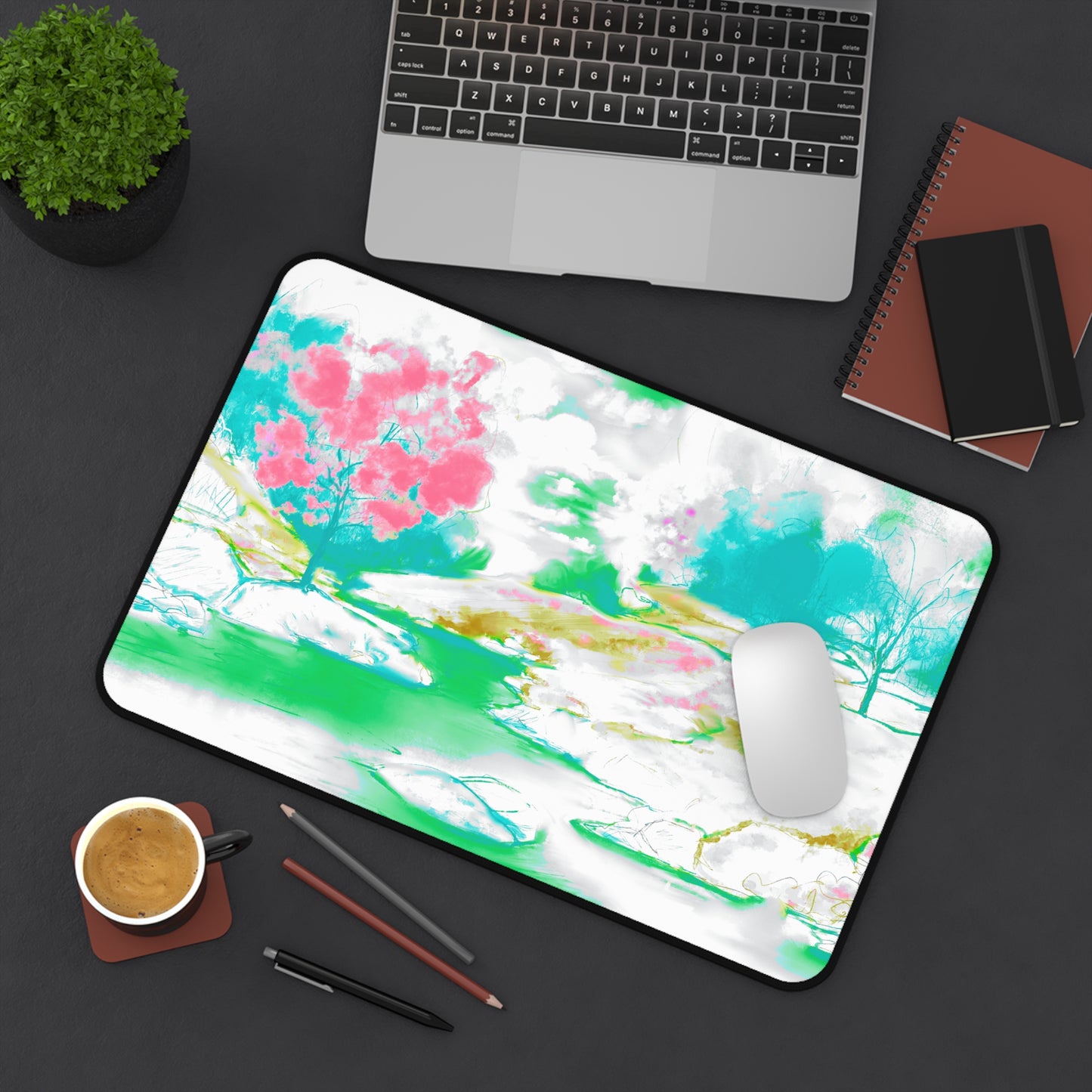 Joyful Landscapes Desk Mat, Aqua, Green, Raspberry