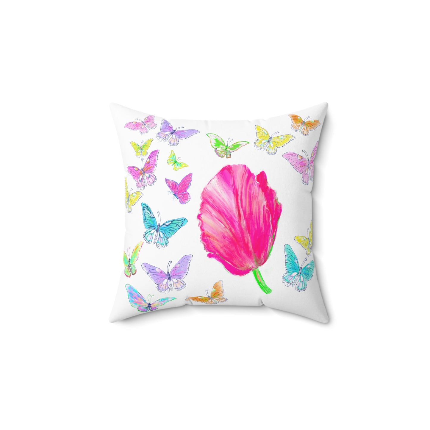 Dancing Tulips Butterflies Spun Polyester Square Pillow. Multi-Color Butterflies, Raspberry Tulip