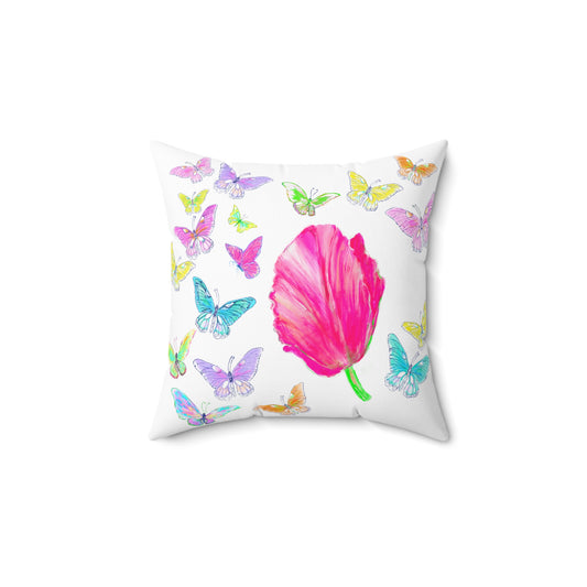 Dancing Tulips Butterflies Spun Polyester Square Pillow. Multi-Color Butterflies, Raspberry Tulip