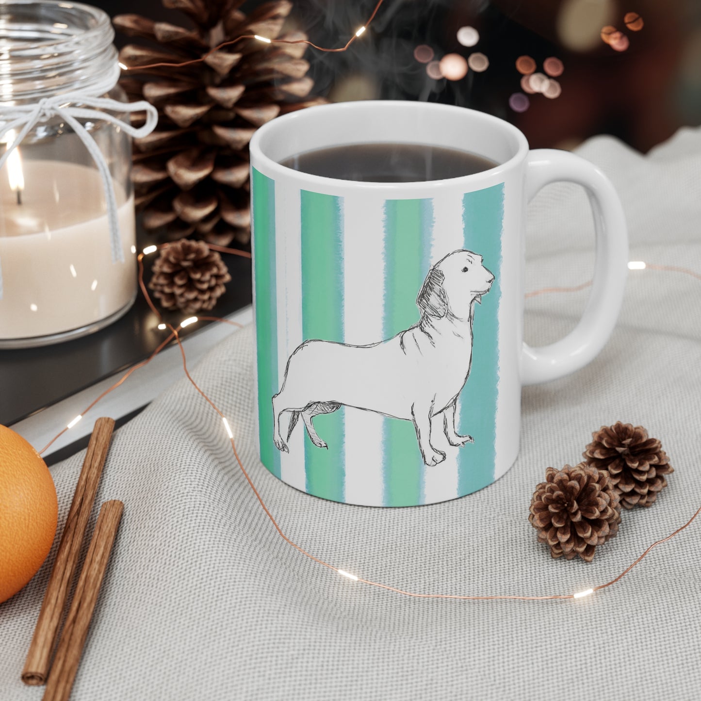 Dogi Fun Ceramic Mug Green Aqua Stripes Dachshunds
