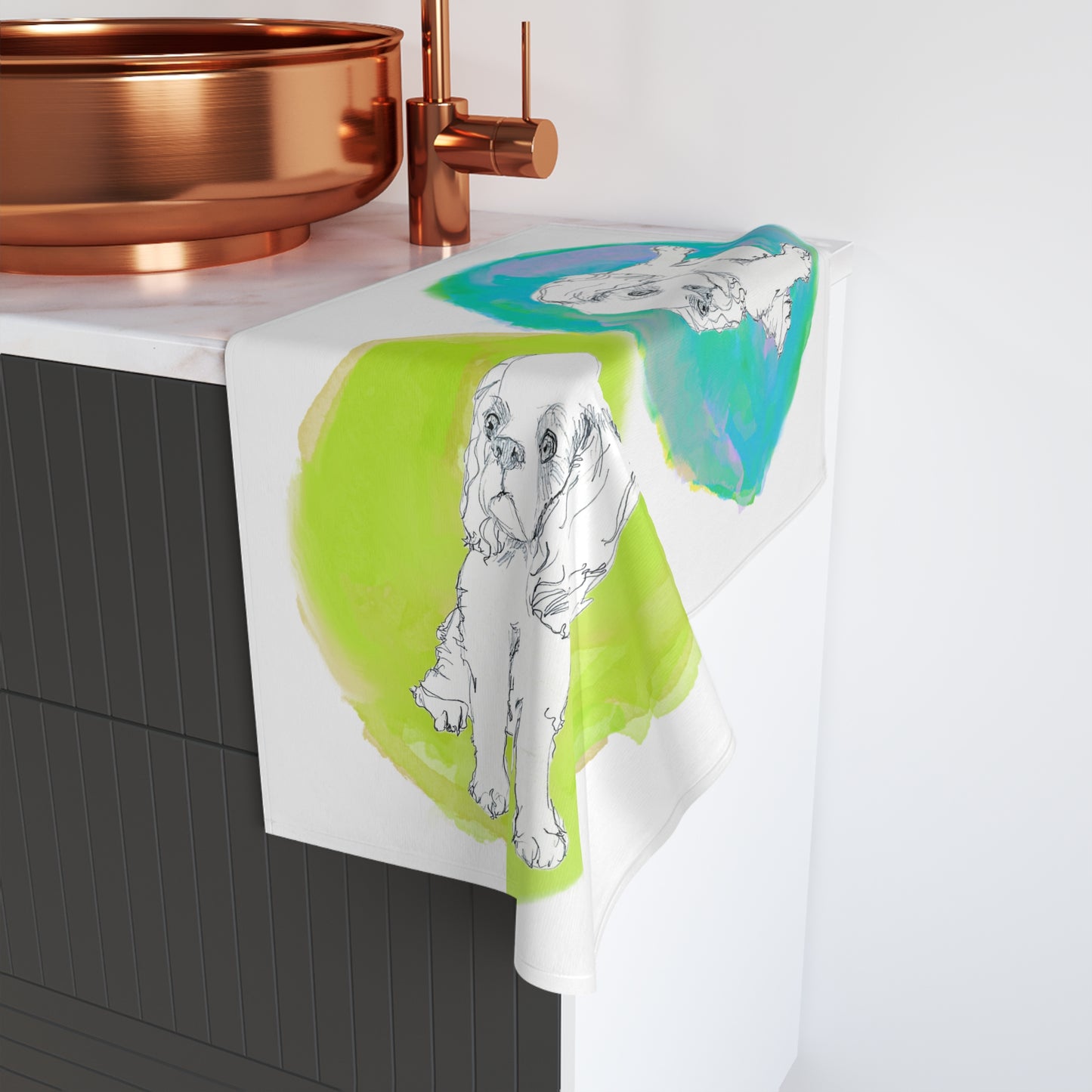Dogi Fun Circles and Spaniels Hand Towel in Lime and Aqua