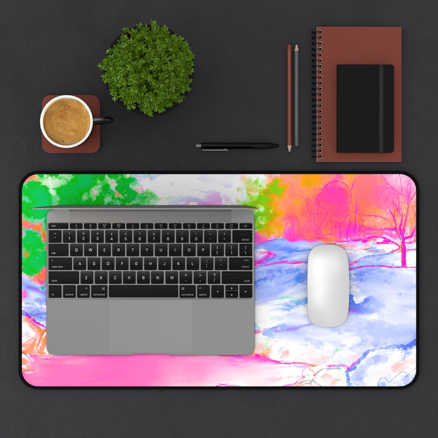 Joyful Landscapes Desk Mat, Pink, Green , Periwinkle