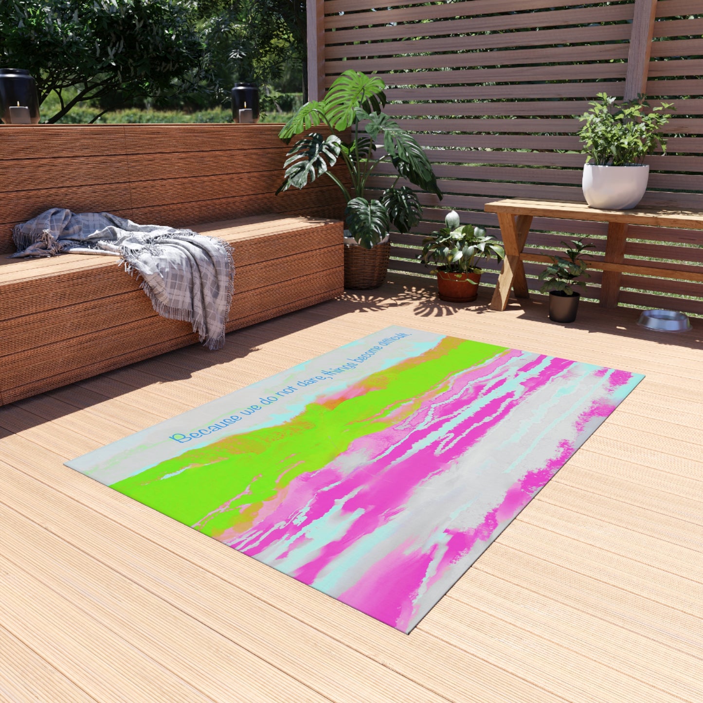 Inspirational Landscapes Indoor/Outdoor Rug "Because We Do Not Dare, Life Becomes Difficult" Green and Raspberry