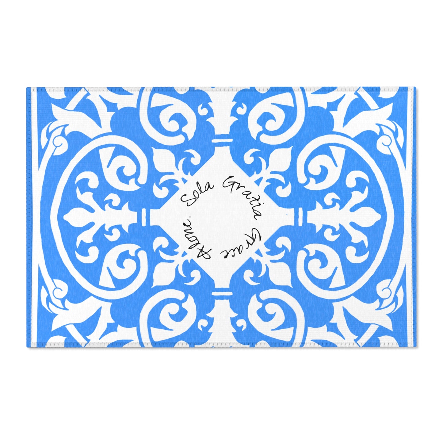 Scrollwork Indoor/Outdoor Rug Blue "Sola Gratia..."