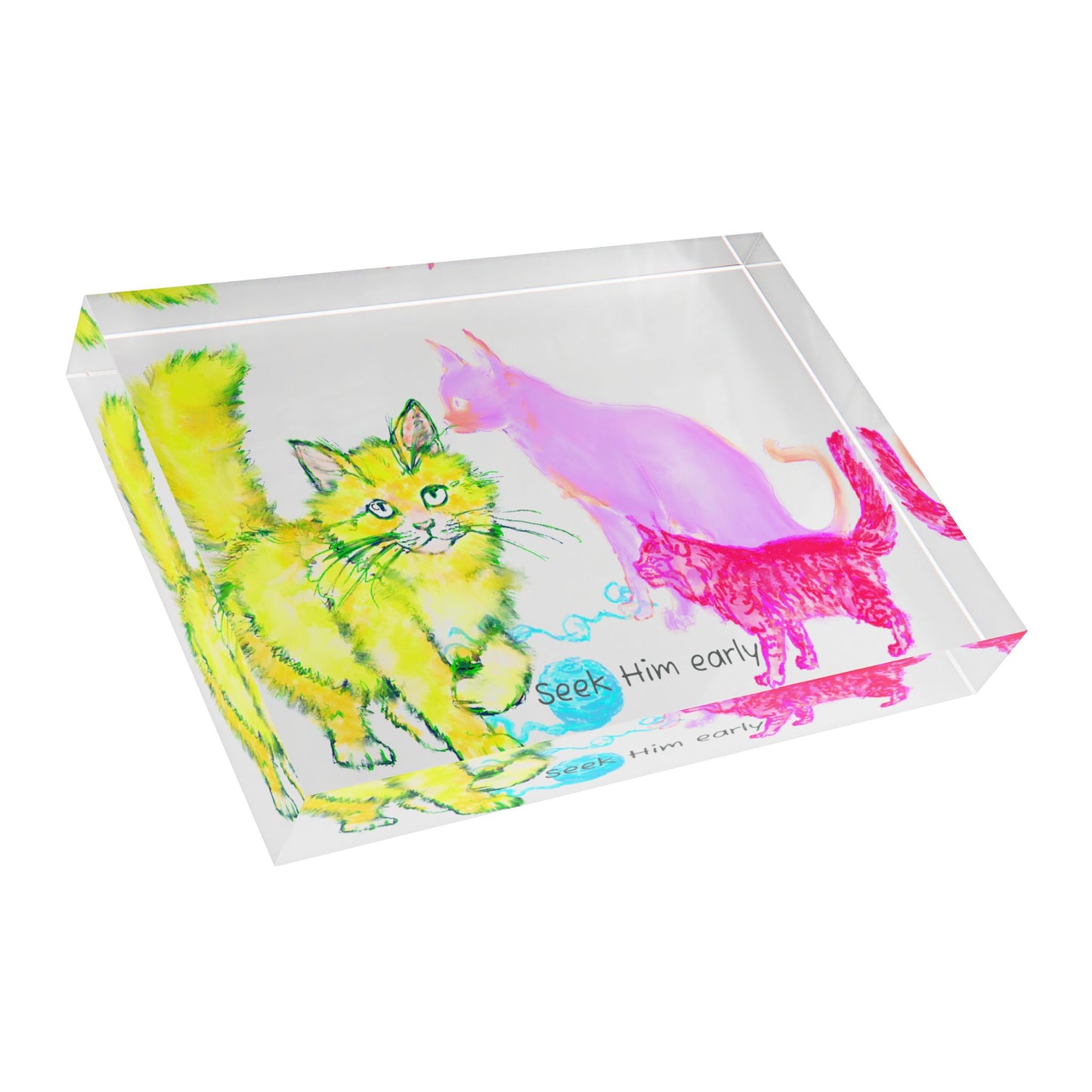 Colorful Cats & Dogs Acrylic Art Block 3 Cats Yellow, Pink, Lavender- Seek Him early