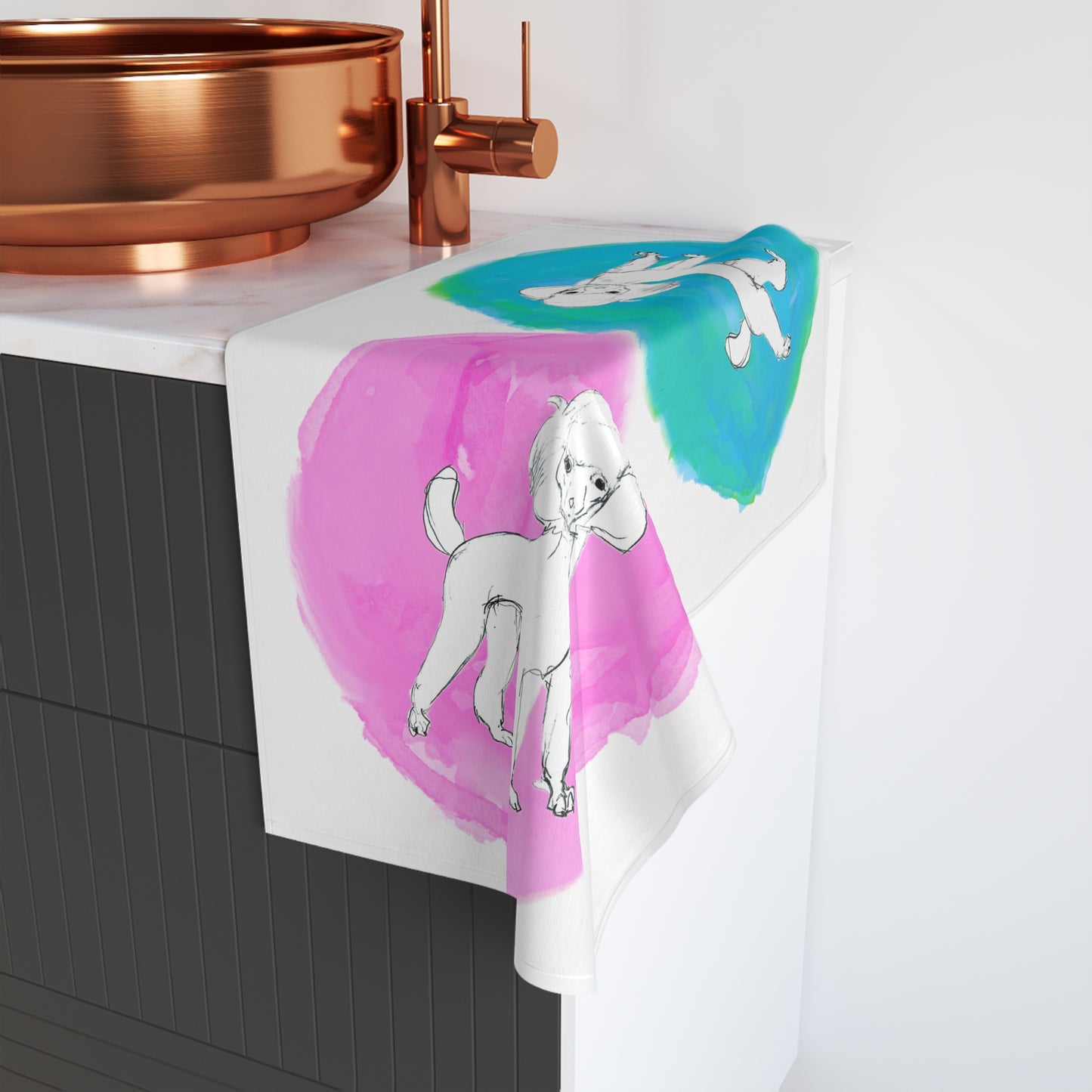 Dogi Fun Circles and Poodles Hand Towel in Aqua and Raspberry
