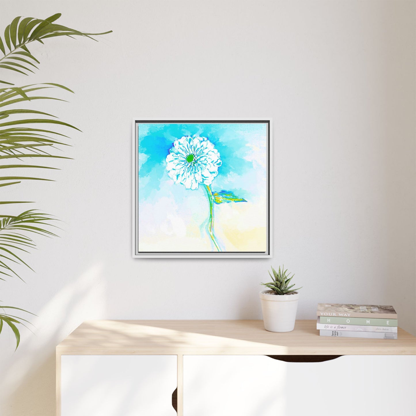 Zinnia Color Splash Matte Canvas Aqua Framed