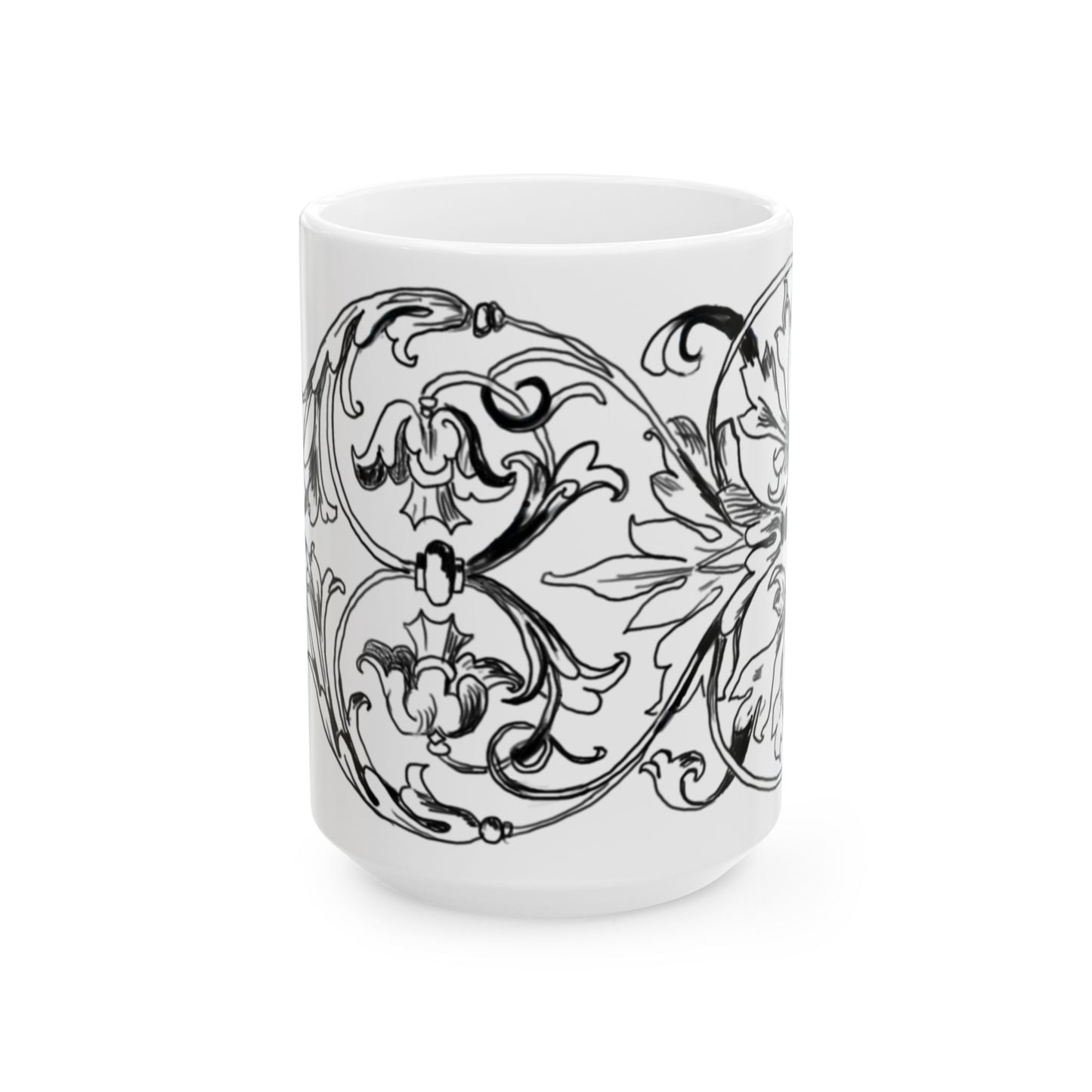 Scrollwork Ceramic Mug Black and White "God is the great... "