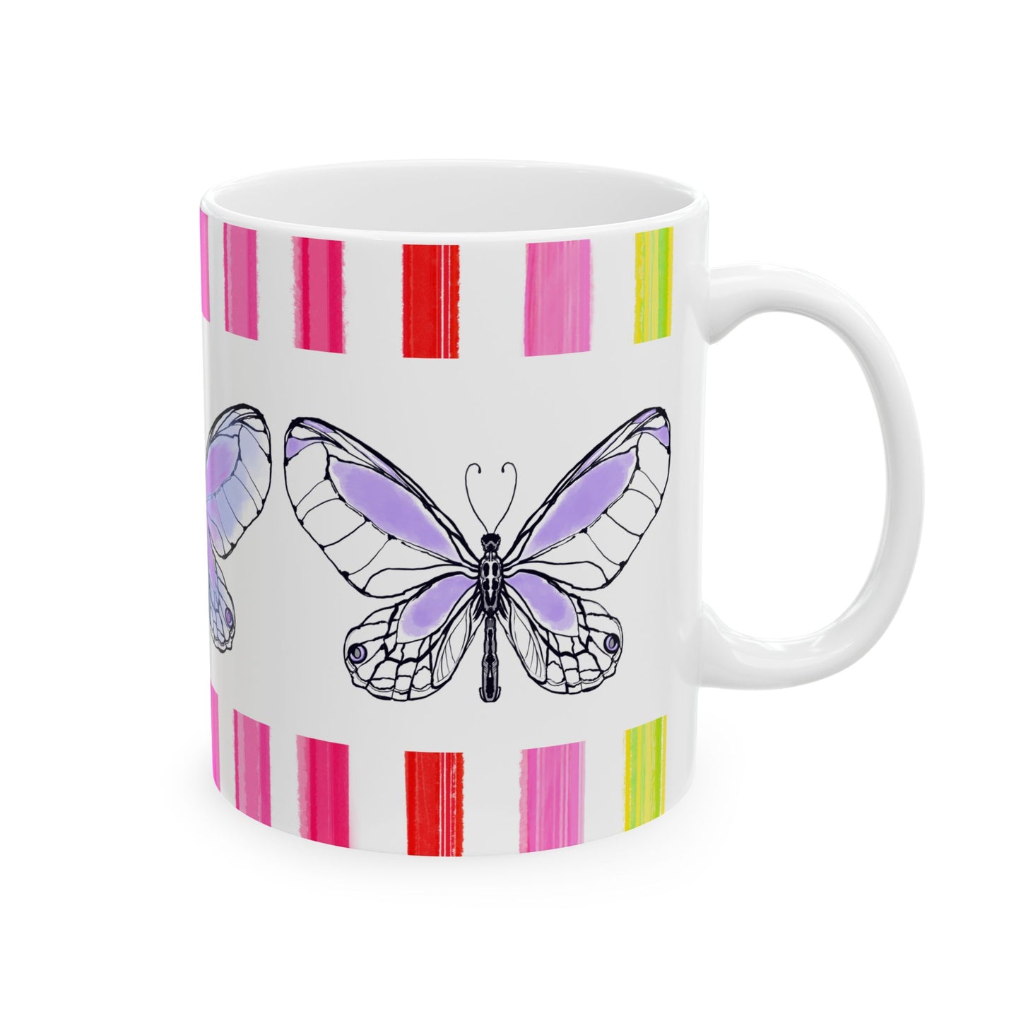 Butterfly Flutterstripe Ceramic Mug in Lavender with Multi-color Striped Border, (Available in 2 sizes 11oz and 15oz)