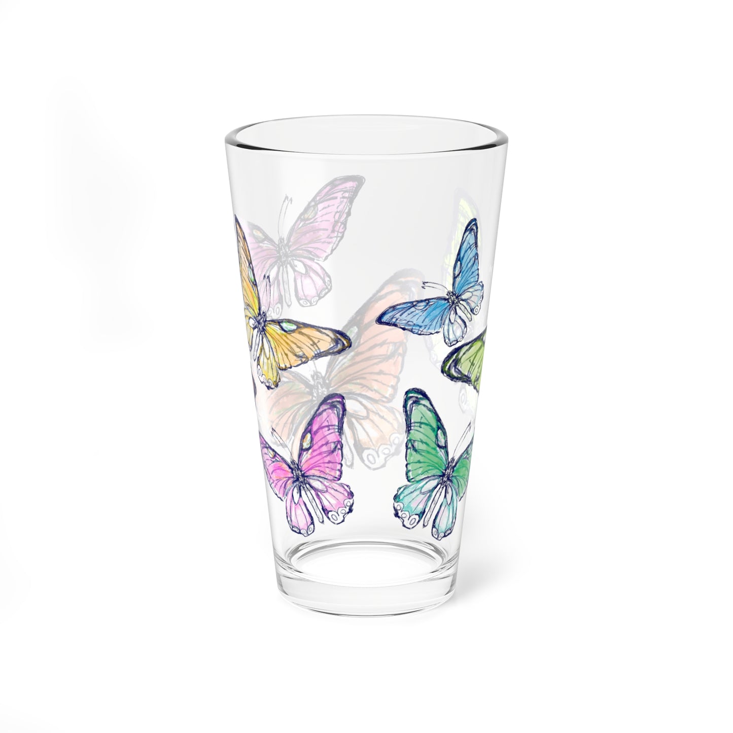 Blossom Whirl  Pint Glass, 16ozl, Largest Butterfly is Orange