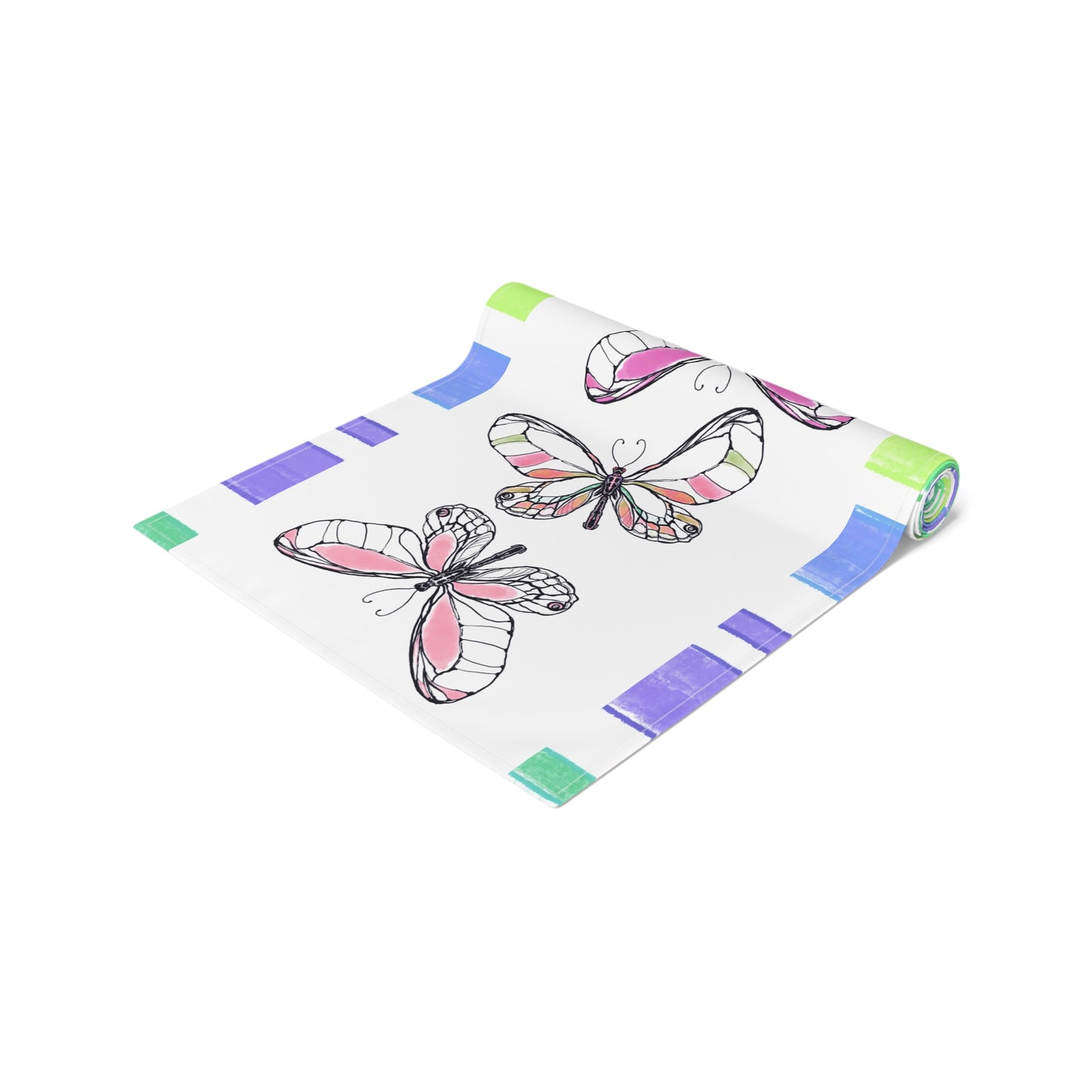 Butterfly Flutterstripe Table Runner in Multi-color With Blue/Green Border 1 size ( 16" Γ 72") (available in Cotton (Creamier) & Polyester (Whiter)