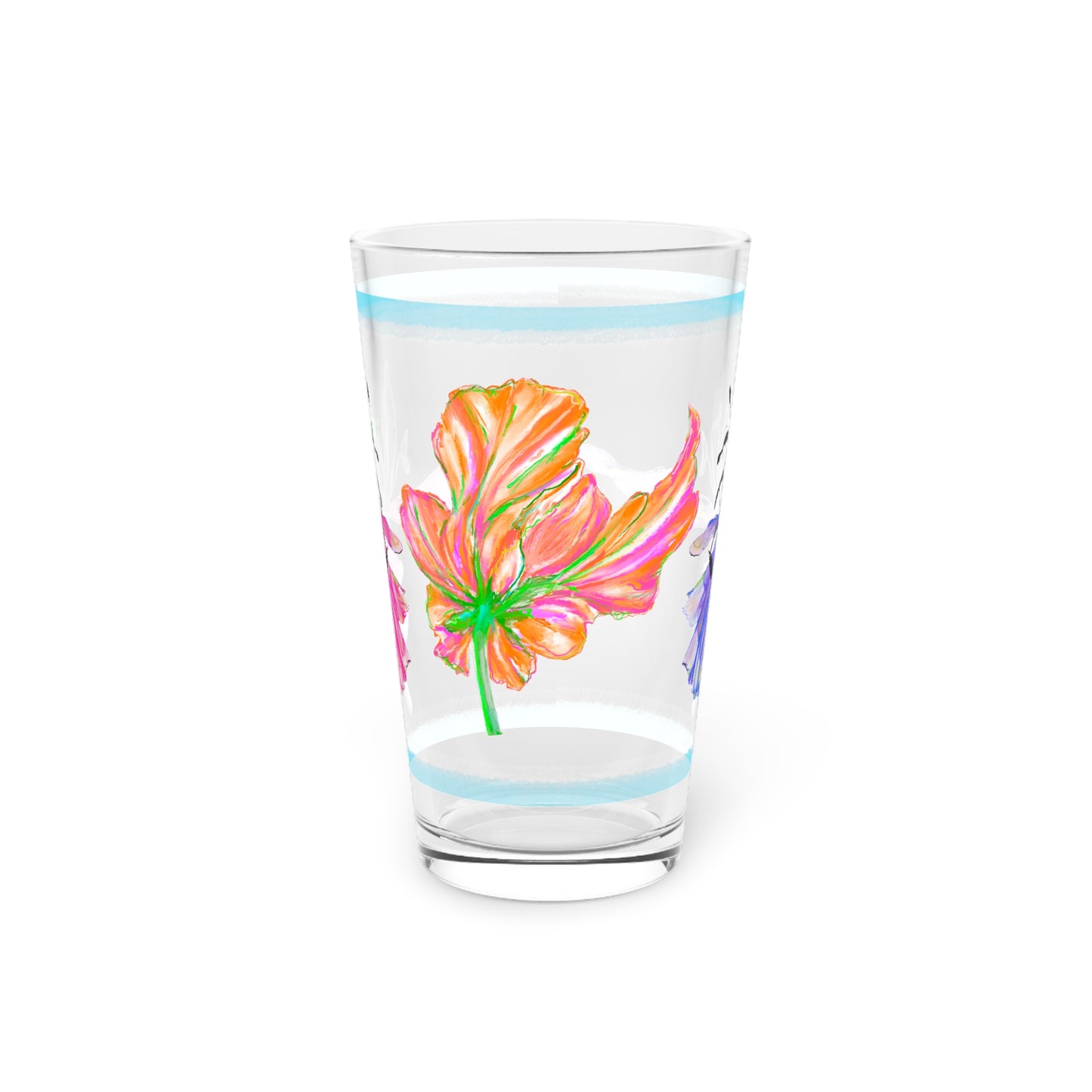Tulip Love Pint Glass  Blue Trim, 16oz