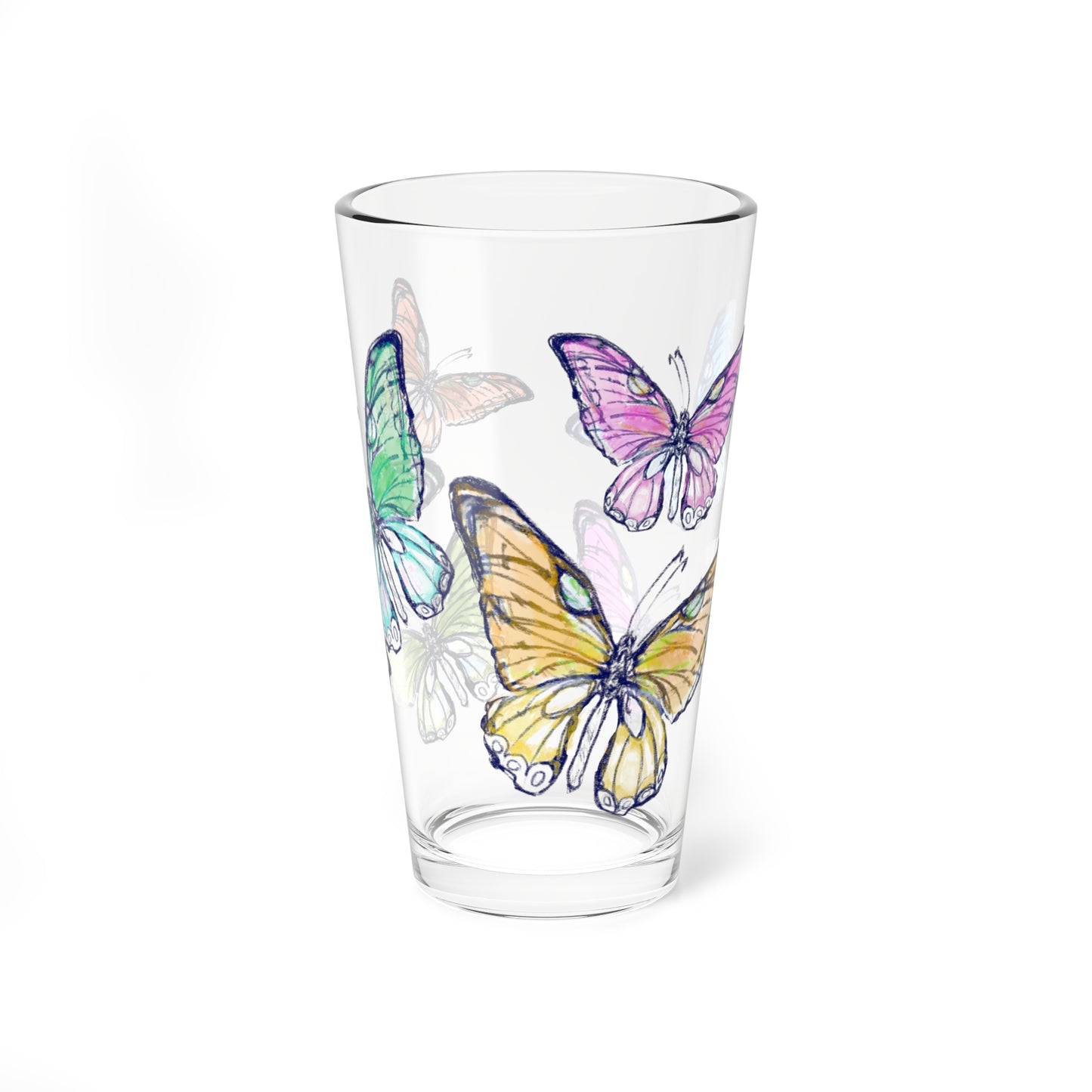 Blossom Whirl Pint Glass, 16oz Largest Butterfly is Yellow Orange