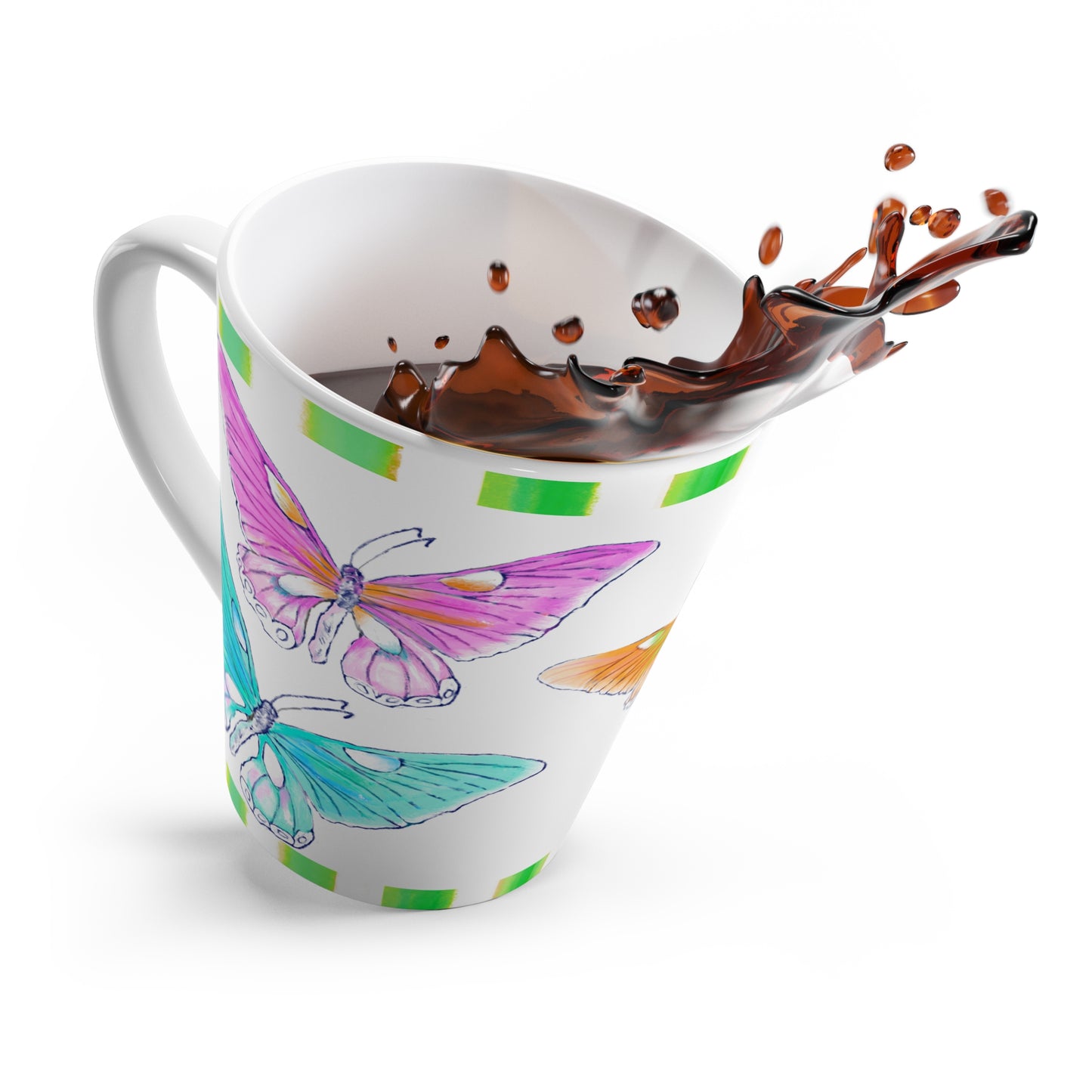 Butterfly Swing Latte Mug, Aqua, Lilac ,Orange, Yellow, Pink Butterflies, Green Stripe