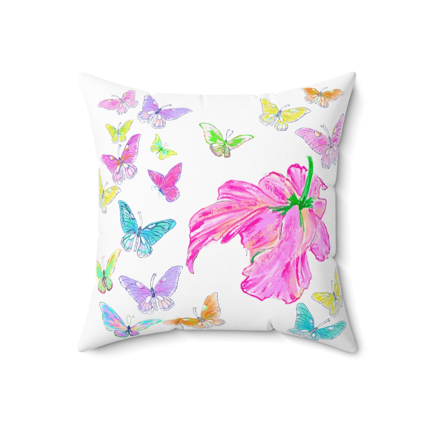 Dancing Tulips Butterflies Spun Polyester Square Pillow. Multi-Color Butterflies, Pink Tulip
