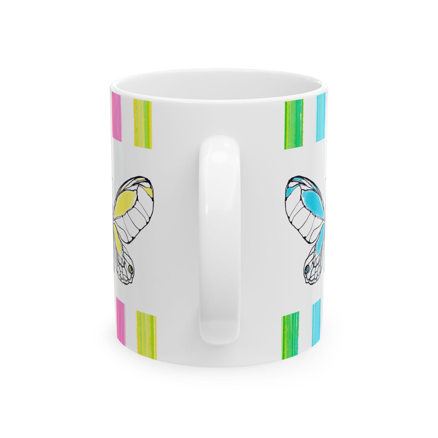 Butterfly Rainbow Stripe Ceramic Mug in Aqua, Lavender, and Yellow with Multi-color Striped Border, (Available in 2 sizes 11oz and 15oz)
