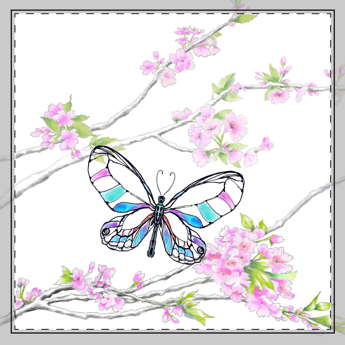 Butterfly Blossom Romp Cotton Twill Napkin , Aqua , Fabric Background Creamy White, #2