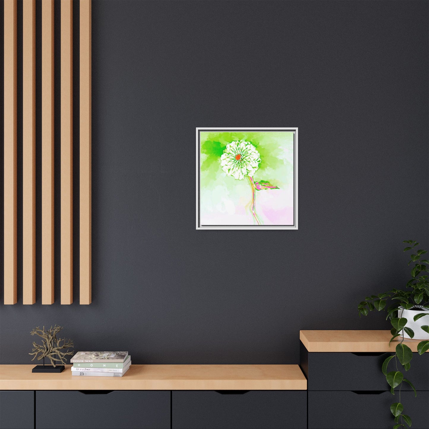 Zinnia Color Splash Matte Canvas Yellow Green Framed