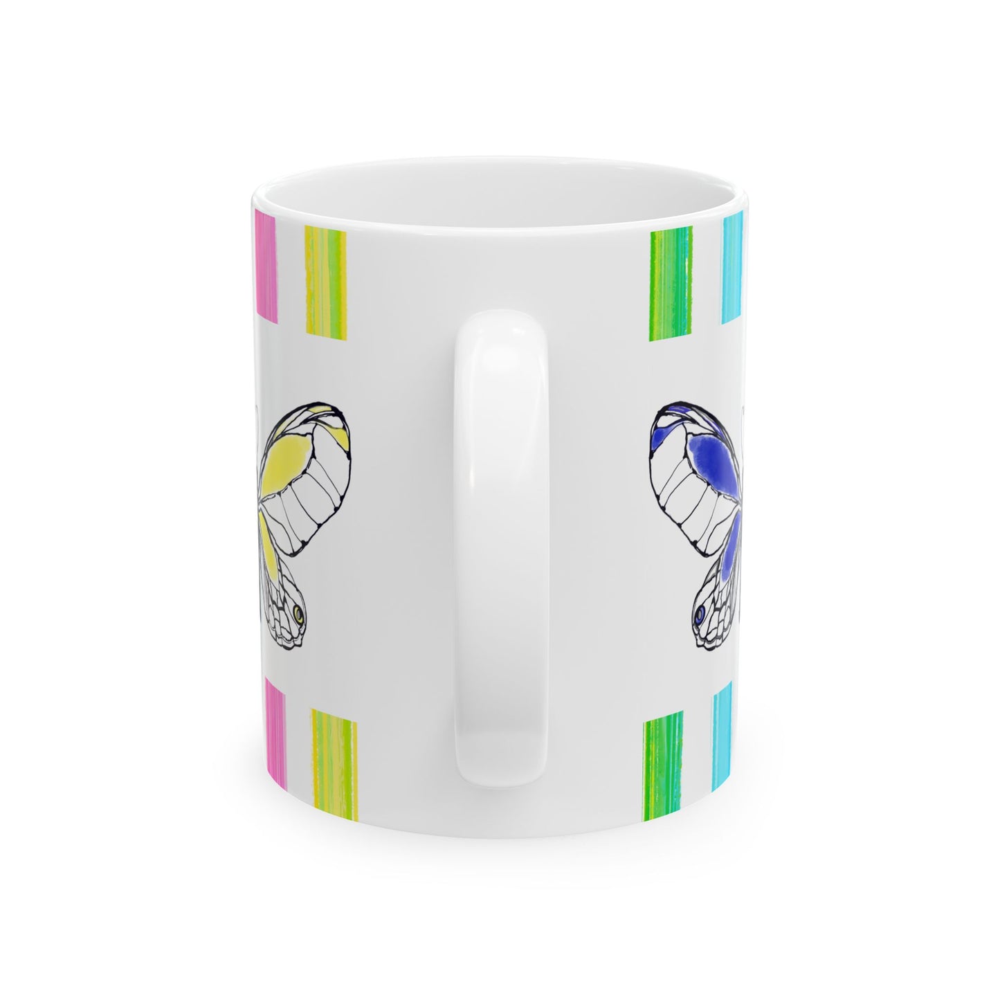 Butterfly Rainbow Stripe Ceramic Mug in Blue, Pink, and Yellow with Multi-color Striped Border, (Available in 2 sizes 11oz and 15oz)