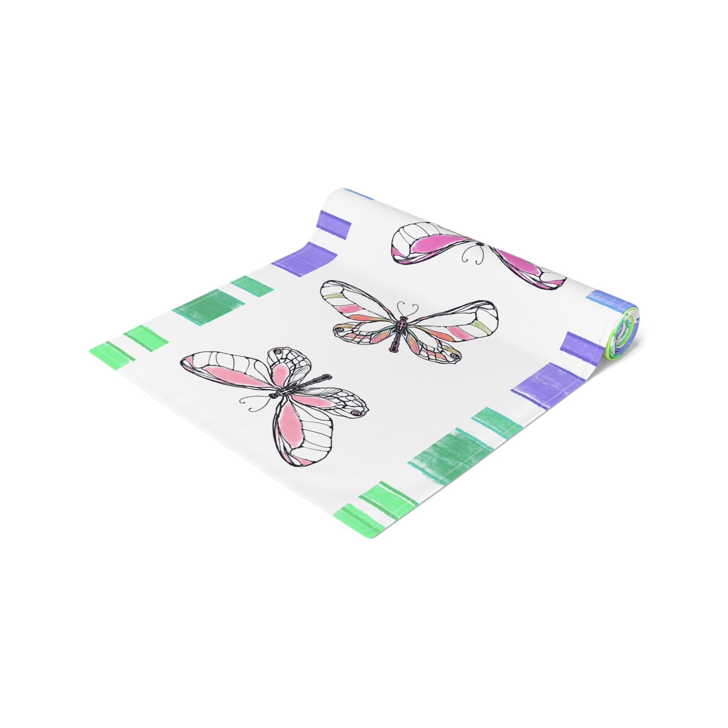 Butterfly Flutterstripe Table Runner in Multi-color With Blue/Green Border 1 size ( 16" Γ 90") (available in Cotton (Creamier) & Polyester (Whiter)
