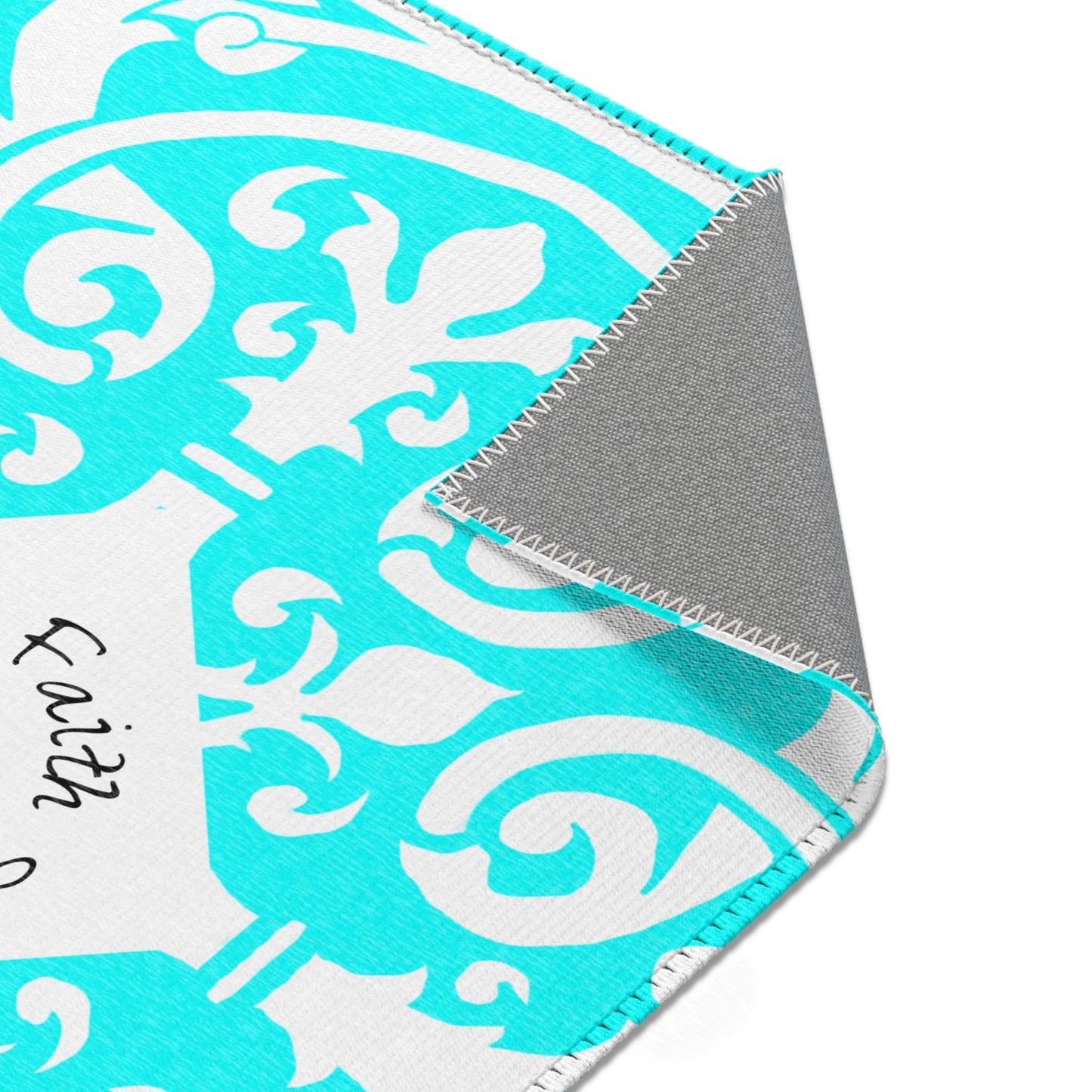 Scrollwork Indoor/Outdoor Rug Aqua "Sola Fide..."