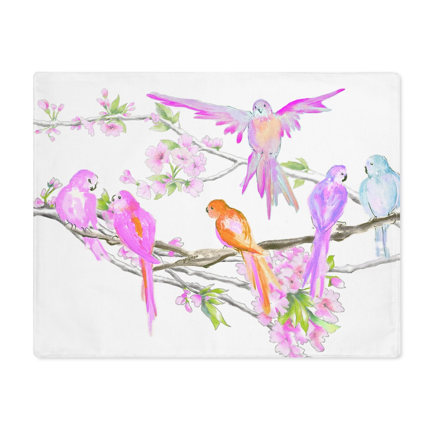 Blossoms & Birds In Pink Placemat, 1pc (18" × 14"), Cotton, Creamy White Background,#1 Head of the table